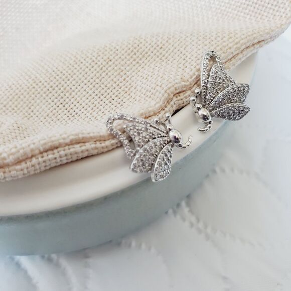 TGI 925 Butterfly Stud Earring Cubic Zirconia CZ Silver Dainty Minimalist - Picture 3 of 11